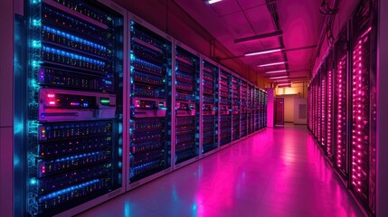 Fototapeta premium Rows of server racks illuminate a data centers spacious hallway