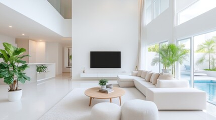 Fototapeta premium Modern, bright living area with large windows, minimalist d?cor, and a tranquil atmosphere