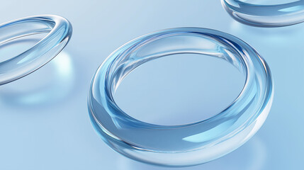 Three glass rings rotating on light blue background