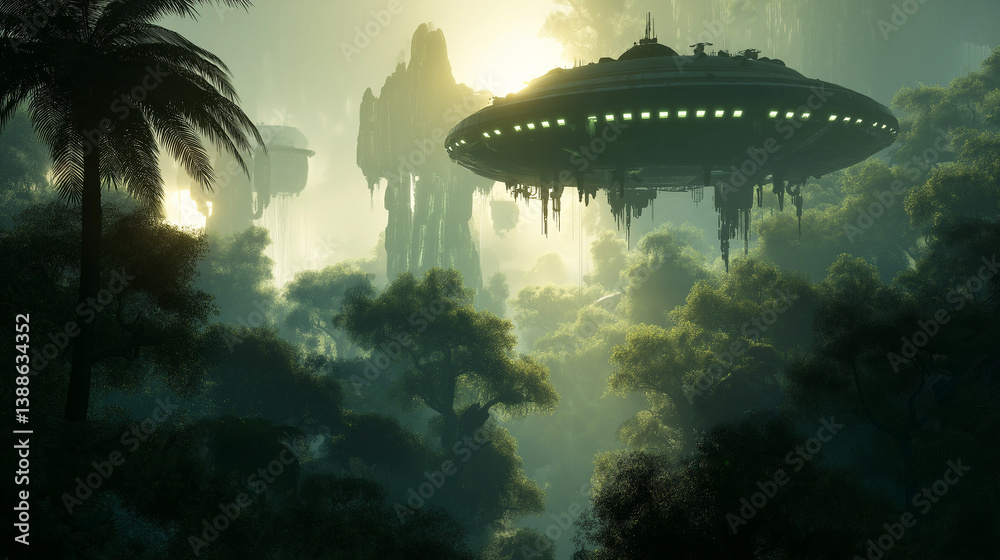 Poster huge spaceship hovering over prehistoric jungle planet in the rays of rising sun