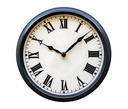 classic round wall clock with black numerals and hands isolated on a white or transparent background.