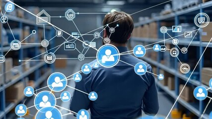 Smart Warehouse Technology: A person navigates through a high-tech warehouse, where digital connections weave together in a harmonious symphony of innovation and efficiency. - Powered by Adobe