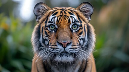 Obraz premium Focused tiger with orange, black stripes and piercing eyes, forest background