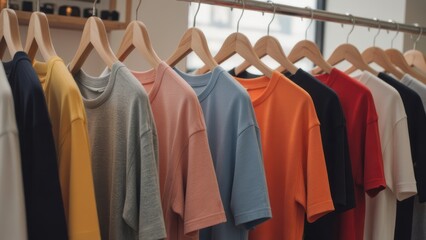 Obraz premium Row of Colorful T-Shirts Hanging on Wooden Hangers in Boutique or Store