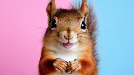 Fototapeta premium cheerful squirrel with bright eyes poses against colorful