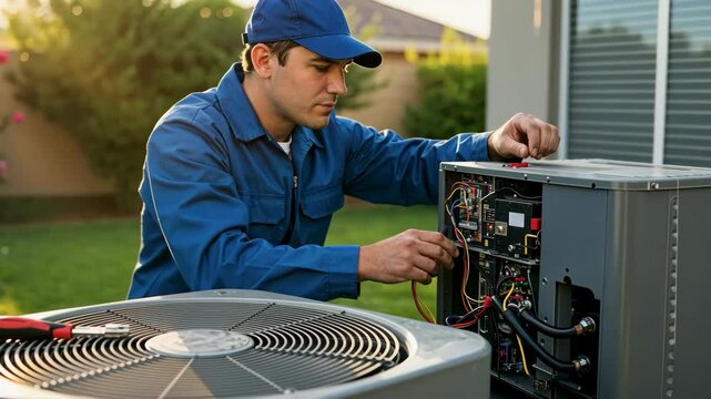 AC Electrician Technician repairing air conditioner in backyard during sunset, ideal for representing home repair services, HVAC professionals, and air conditioning maintenance.