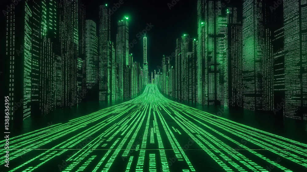 Poster Digital city road made of binary code creating matrix effect