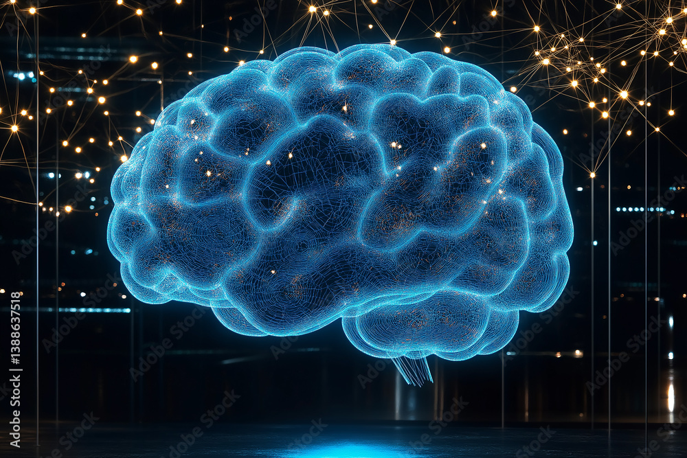 Poster glowing blue human brain generating connections and ideas in digital environment