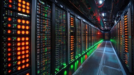 Obraz premium A server room hallway illuminated with colorful indicator lights