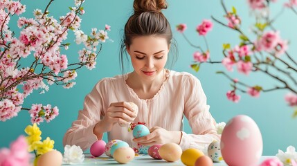 Female office worker in pastel attire decorating her desk with Easter eggs and vibrant spring blossoms