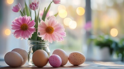 Festive moment of Easter decorating captured in office with flowers and eggs
