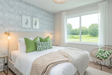A beautifully decorated bedroom with a view of the outside