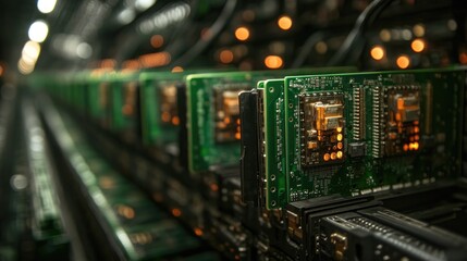 Obraz premium Detailed image of a server farm showcasing its electronic components in rows