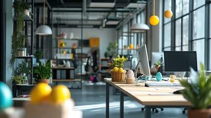 Radiant and welcoming office vibe with Easter egg setup by smiling professional