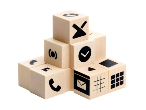 Abstract Illustration Of Wooden Cubes With Icons On Transparent Background