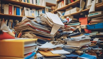 Messy Office Desk with Piles of Paper and Books
