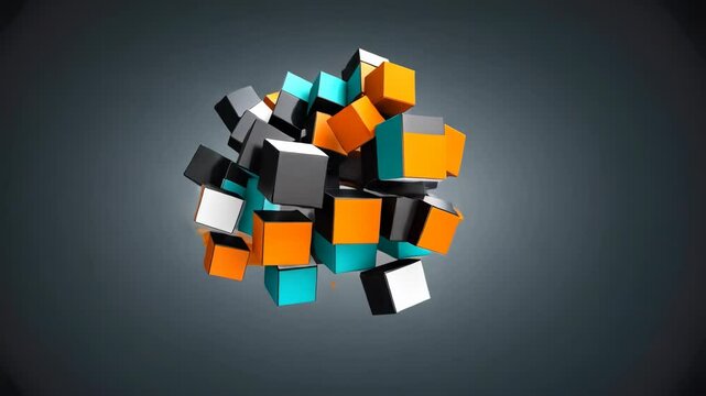 Dynamic geometric composition of cubes in motion, abstract colorful modern background