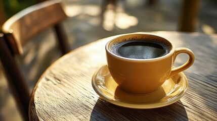 Coffee cup on a wooden table, radiating warmth and simplicity, evoking a sense of calm and morning serenity.
