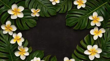 Obraz premium Beautiful tropical flowers and leaves create vibrant frame