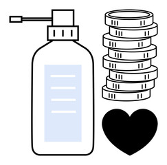 Hand sanitizer dispenser next to coin stack and heart symbol, representing hygiene, financial investment, wellness, charity, safety, compassion, and health advocacy. Flat simple metaphor
