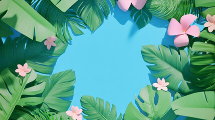 Naklejka premium tropical leaves and flowers on blue background