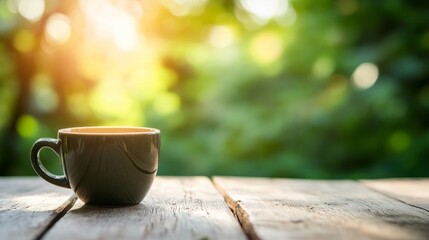 Coffee cup on a wooden table, radiating warmth and simplicity, evoking a sense of calm and morning serenity.
