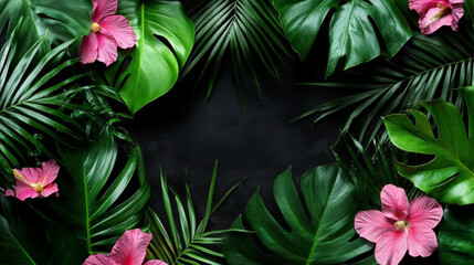 Lush green leaves and pink flowers create vibrant frame