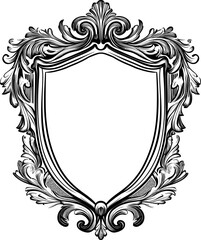 Intricate vintage shield design featuring ornate details and a blank center for customization isolated on transparent background. Vector illustration.