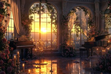 Fototapeta premium A romantic room features pianos flowers and sunset views through windows