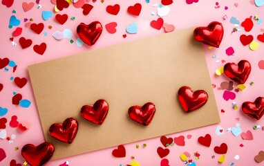 Valentines Day Card Blank Template Red Hearts Confetti