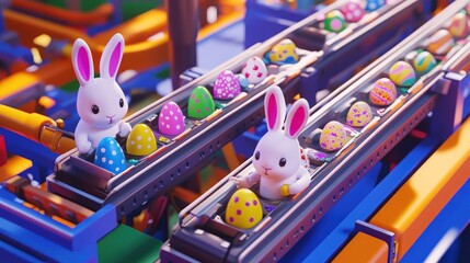 Easter Bunnies Operating Conveyor Belts with Decorated Eggs in a Colorful Factory