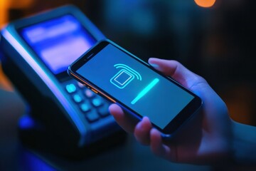 Sleek smartphone performed NFC payment at modern POS terminal with glowing icon against minimalistic fintech background