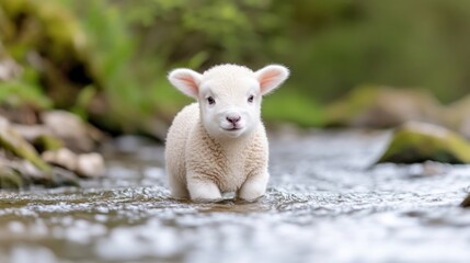 Obraz premium A fluffy white lamb stands in a shallow stream. The lamb is the focal point, with a blurred natural background. The image is high-quality, showing the lambs soft fur in detail. It has a peaceful, idy