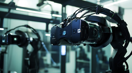 Advanced robotic arms manufacturing advanced wearable devices for virtual reality in a tech factory, robotic arms fitting headsets, motion sensors