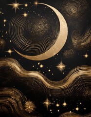 A mesmerizing night sky illustrated in a black and gold color palette, evoking elegance and wonder.