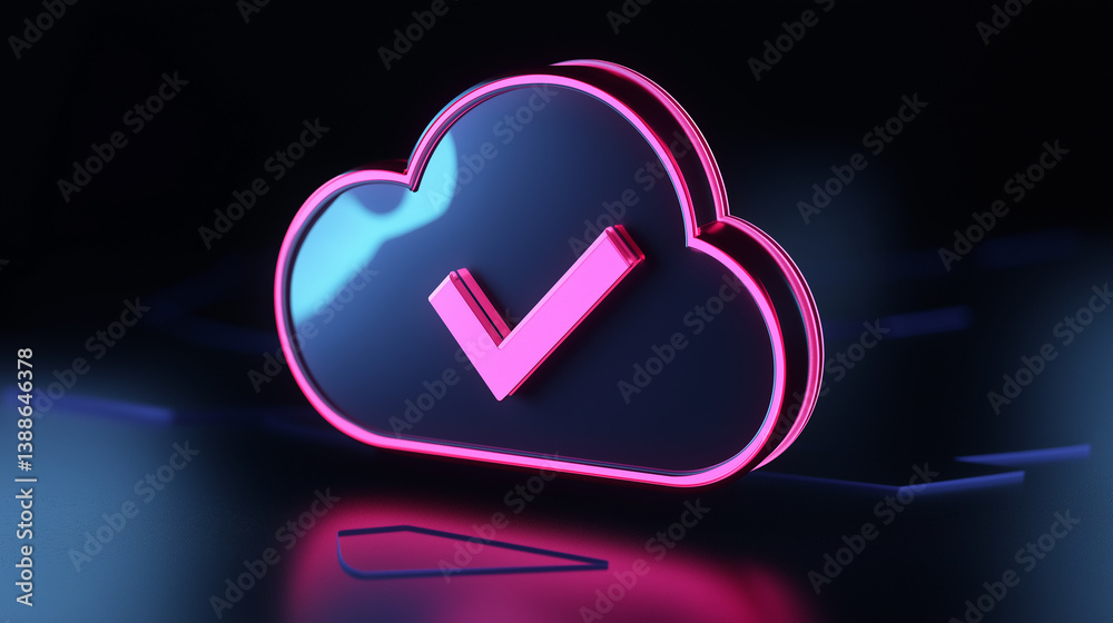 Poster Cloud computing technology showing check mark symbol in neon light