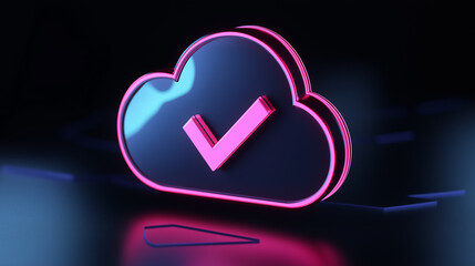 Cloud computing technology showing check mark symbol in neon light