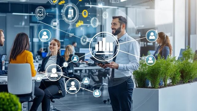 Visionary Leadership in the Workplace: A distinguished businessman, orchestrating a meeting in a bustling, contemporary office. Illuminated by the data-driven world. 
