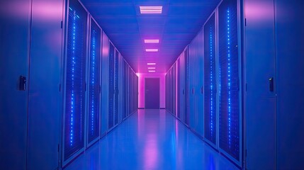 Fototapeta premium A Long Data Center Corridor Illuminated With Blue and Purple Lights