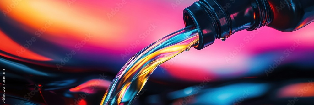 Poster surreal macro shot of glowing neon liquid filling a car engine with vibrant colors and smooth textur