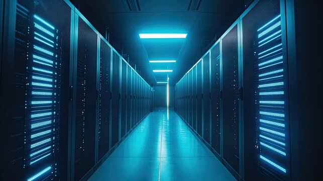 Interior shot of a data center server room with lighting