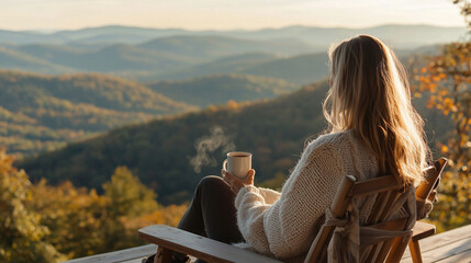 Woman in chair, overlooking valleys, warm drink, fresh air, adventurous escape.
