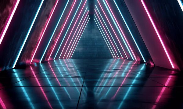 Triangles of magenta and cyan neon light form a perspective vanishing point over reflecting tiled floor in this dramatic abstract shot