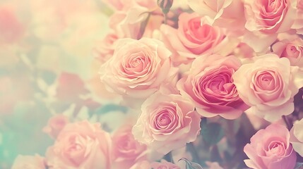 Fototapeta premium Soft focus floral wallpaper with layers of pastel roses in a gentle vintage style ideal for wedding or Valentines designs