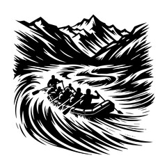 Fototapeta premium Group of rafters navigating rapids against mountain backdrop 