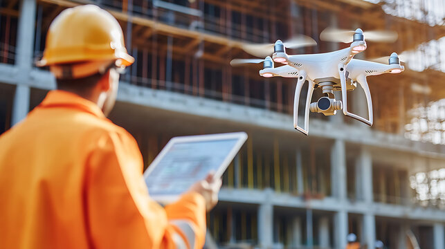 A drone surveyor inspecting industrial infrastructure, urban construction site with drones flying and structural data on screens visible, High-tech style