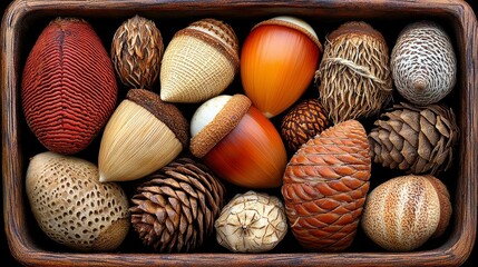Autumnal Collection of Acorns and Pine Cones in Wooden Box