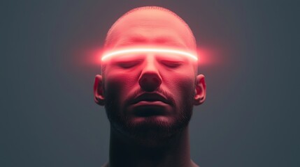 A man with a glowing red band across his forehead, eyes closed, creating a futuristic and meditative atmosphere.