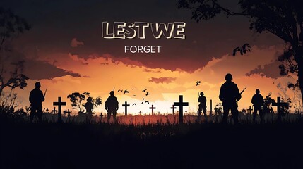 Fototapeta premium Sunset view of the war memorial with silhouettes of soldiers in the cemetery and the words 