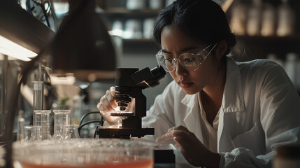 Asian female scientist using microscope, analyzing petri dish, biotech lab, drug development.